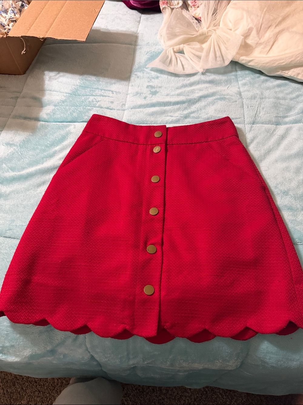 Red Button-Front Scallop Hem Skirt J Crew